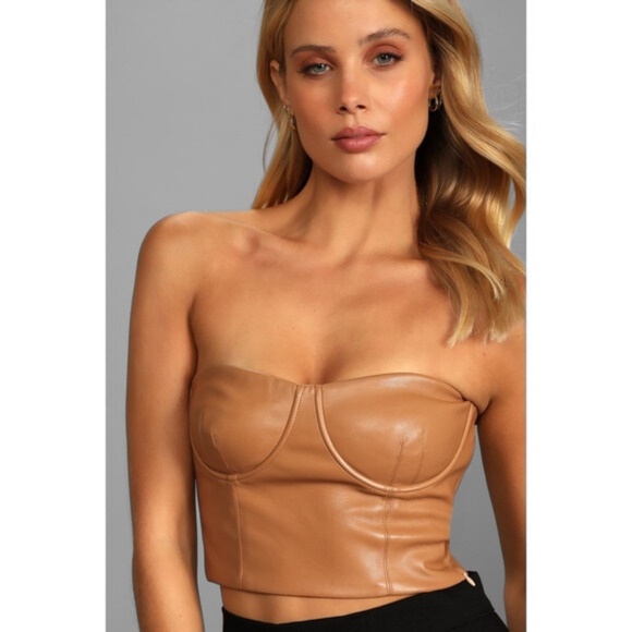 NEW Lulus Date Night Pick Vegan Leather Bustier Strapless Crop Top Tan Medium - Picture 1 of 12